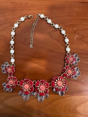 Floral Statement Necklace in Red coral, white and blue